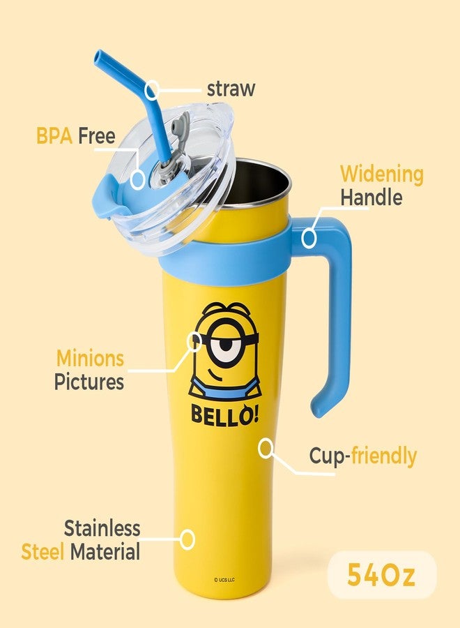 ميني سو كوب مينيسو للسفر من الفولاذ المقاوم للصدأ بتصميم شخصيات مينيونز، سعة 54 أونصة، مزود بمقبض وغطاء وماصة، متوافق مع حامل أكواب القهوة، خالٍ من مادة BPA، مناسب للفتيات والأطفال | للمدرسة والمكتب والمنزل - Image 4