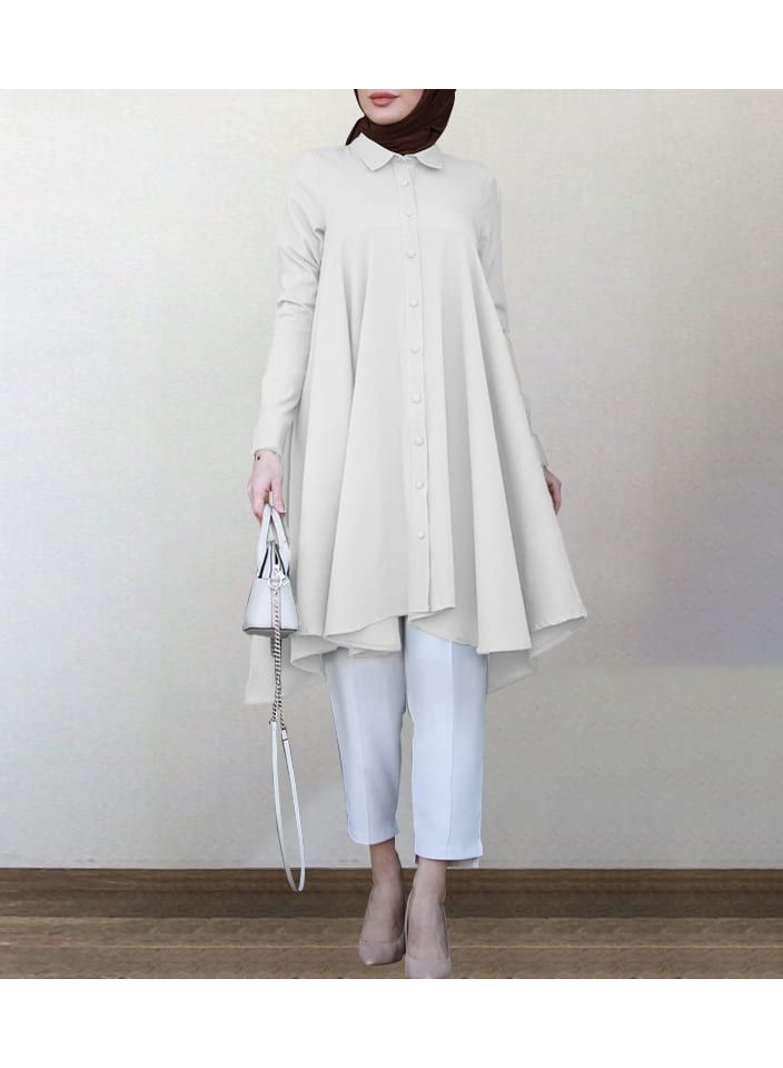 KUYING New Solid Color Minimalist Temperament Lapel Shirt Skirt Mid Length Dress 