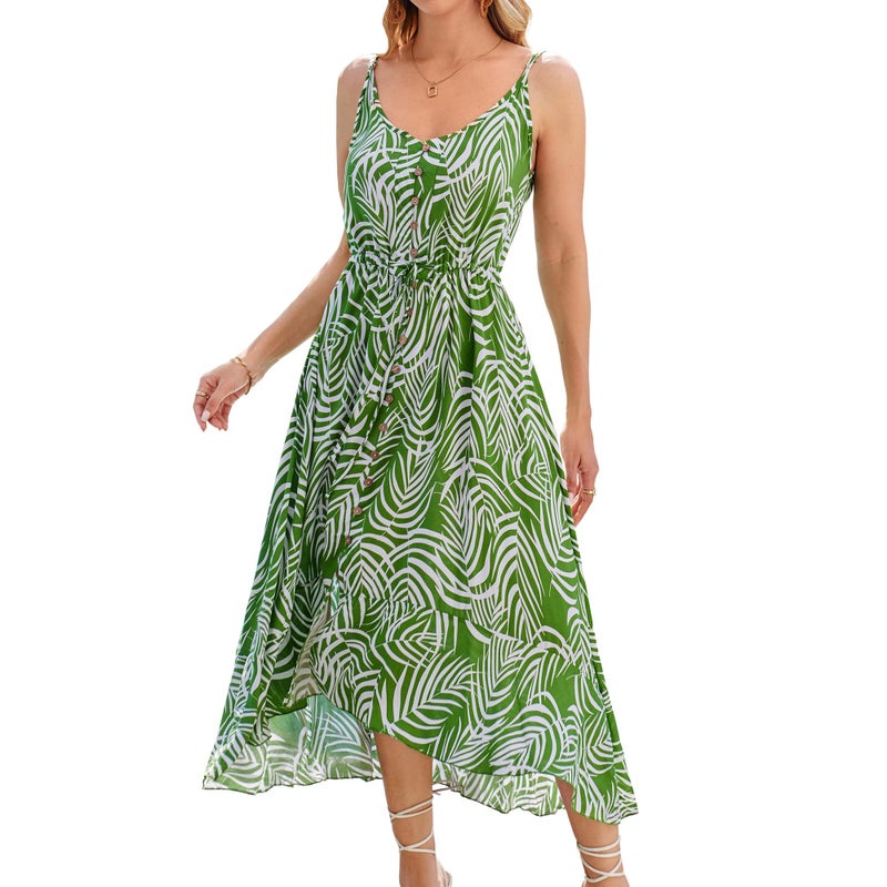 BROVAVE Women's 2026 Summer Casual Boho Sundress Polka Dot Spaghetti Strap V Neck Flowy Midi Dresses(008 Palm Leaf, Medium) - Image 1