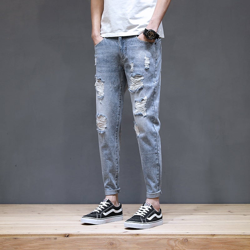Generic Jeans Mens Pants Mens 2021 Spring and Autumn Korean Fashionable Ripped Slim-fit Ankle-length Pants Mens Skinny Pants 819 gray blue 