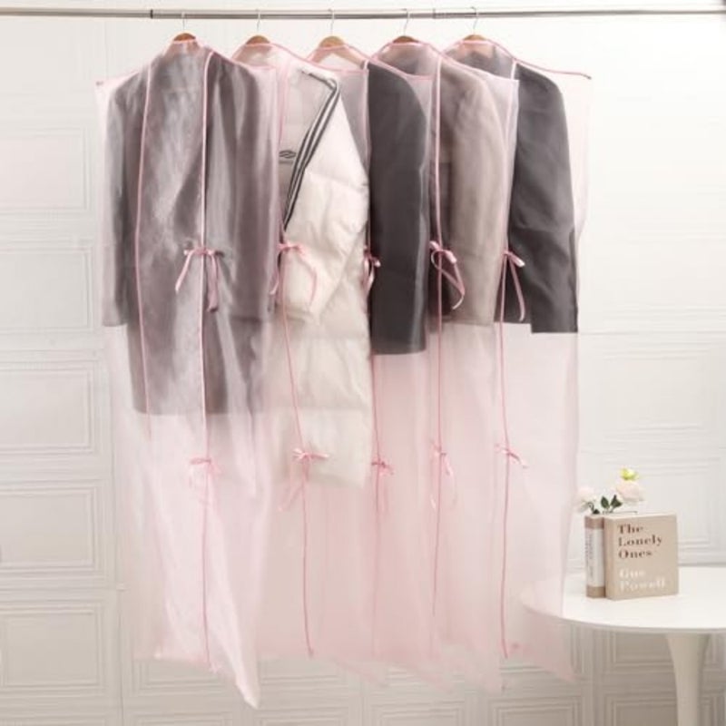 Pack of 10 Premium Organza Hanging Garment Bag 66''x 24''/ 165 60cm Tie with ribbon Dress Bags for Closet and Cloth Storage Light Pink - Image 1