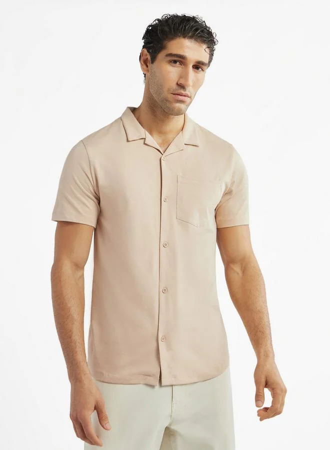 Splash FAV Solid Camp Collar Shirt with Short Sleeves and Pocket
