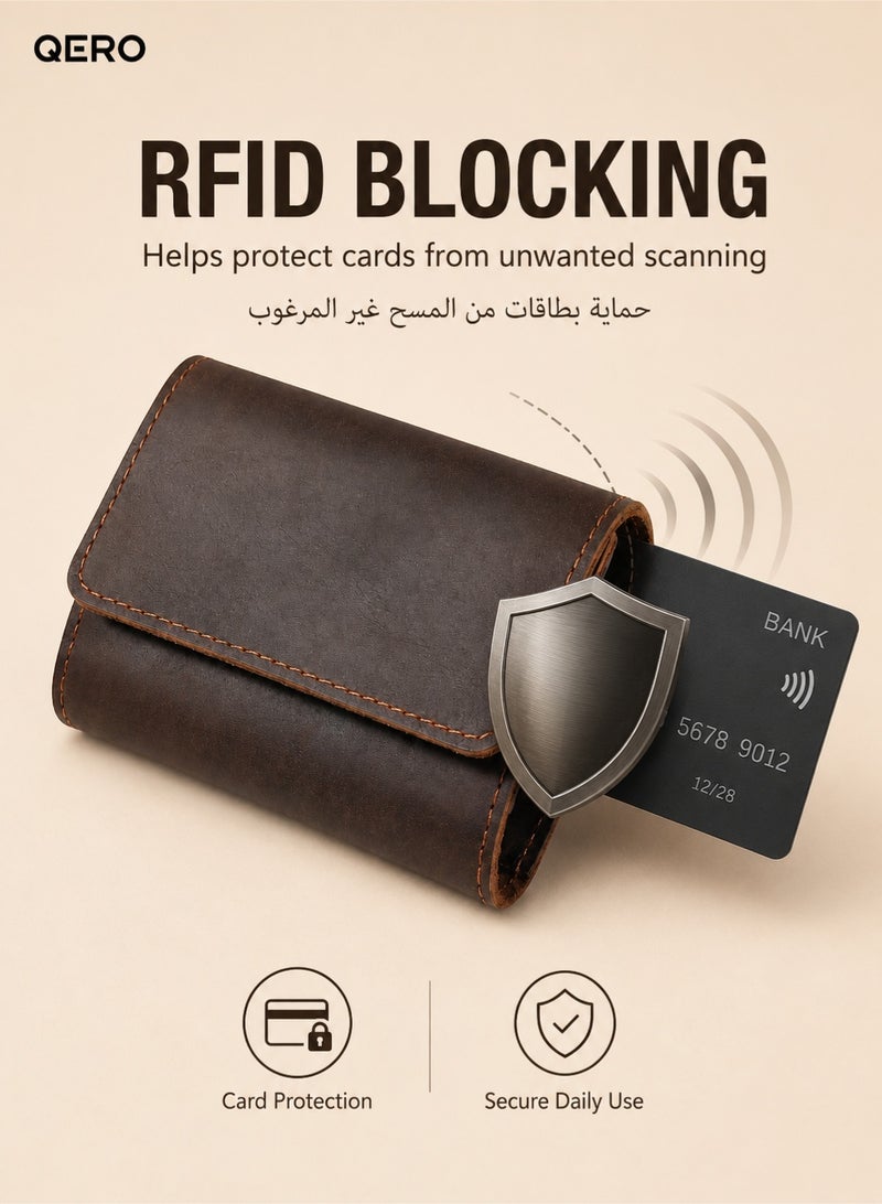 كيورو كويرو محفظة جلد كريزي هورس للرجال والنساء، محفظة قصيرة ثنائية الطي مع حماية RFID، حامل بطاقات ونقود، بني - Image 5