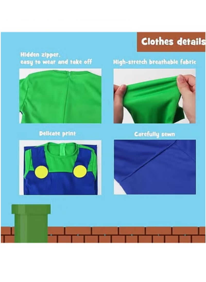 Super Brothers Cosplay Kids Costume Mario Cosplay Jumpsuit Plumber Costume with Hat Mustache Role Playing costumes (Adult Version - Green) - Image 2