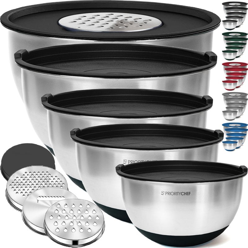 Priority Chef Stainless Steel Mixing Bowls with Lids Set 3 Grater Attachments Airtight Lids NonSlip Silicone Base Mixing Bowl Set Large Prep Metal Mixing Bowls for Kitchen Black