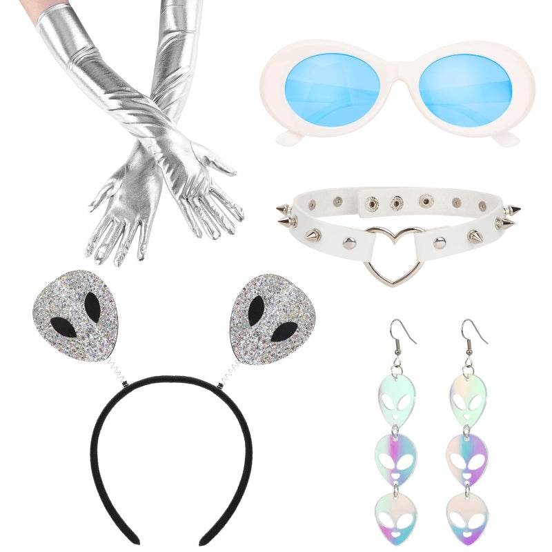 XEPST Alien Costume Accessories Set - Alien Antenna Headband, Earrings, Necklace, and Gloves for Women and Girls - Perfect for Alien Parties Halloween Carnival Cosplay - Dress Up Accessories, White - Image 1