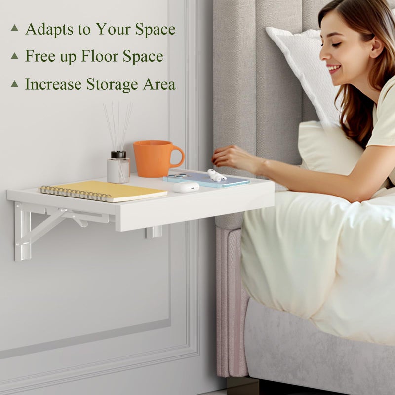 TEAMIX Wall Mounted Folding Bedside Shelf, White Wood Floating Nightstand Table with Heavy-Duty Brackets, 16.5''x12'' Space Saving Bed Side Tray Storage for Bedroom, Living Room, Dorm (White, Basic) - Image 2