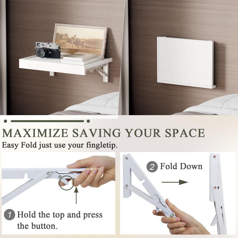 TEAMIX Wall Mounted Folding Bedside Shelf, White Wood Floating Nightstand Table with Heavy-Duty Brackets, 16.5''x12'' Space Saving Bed Side Tray Storage for Bedroom, Living Room, Dorm (White, Basic) - Image 3