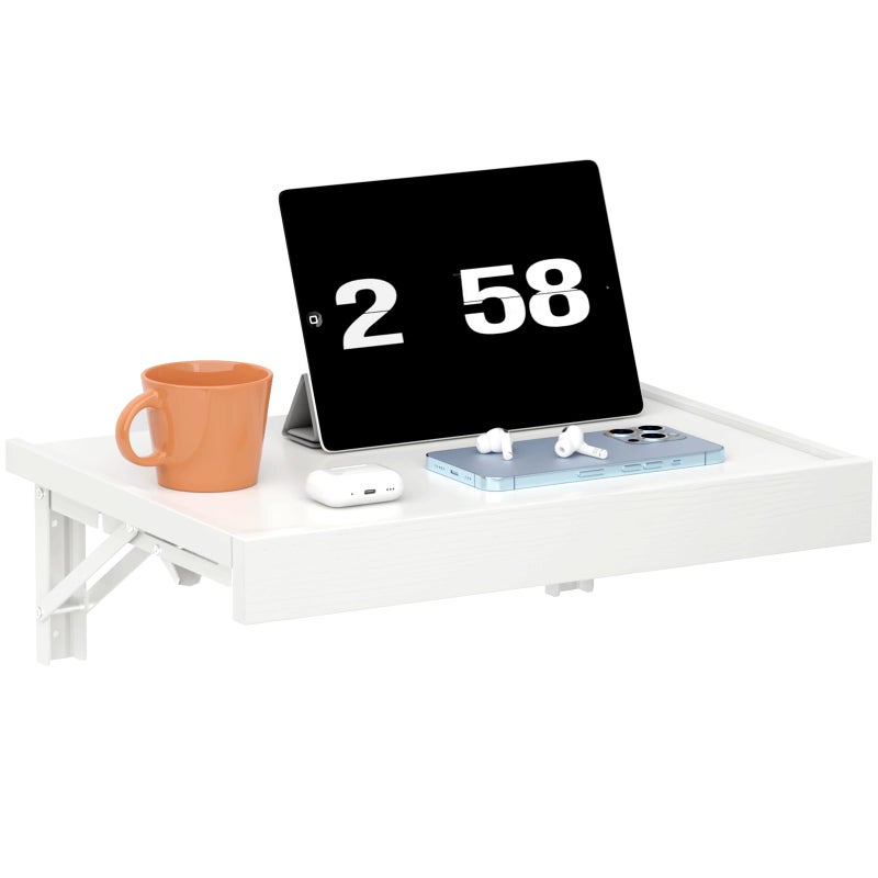 TEAMIX Wall Mounted Folding Bedside Shelf, White Wood Floating Nightstand Table with Heavy-Duty Brackets, 16.5''x12'' Space Saving Bed Side Tray Storage for Bedroom, Living Room, Dorm (White, Basic) - Image 1