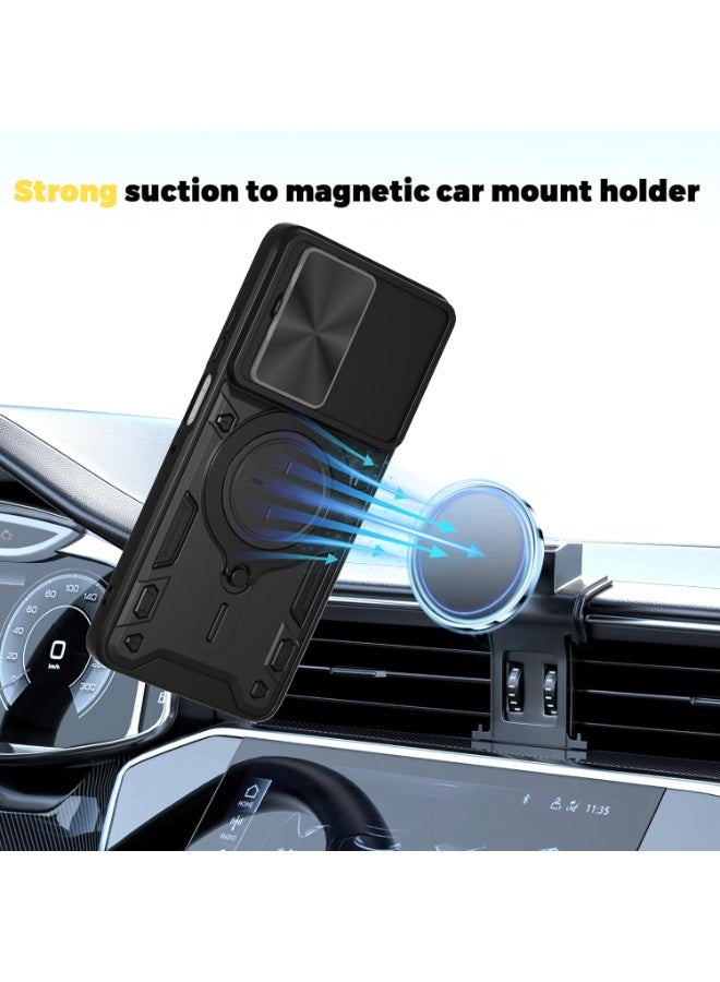 Magnetic Ring Stand Case for Motorola Moto G56 with , Built-in Slide Camera Lens-Full Body Heavy Duty Cover for Moto G56 -Black - Image 3