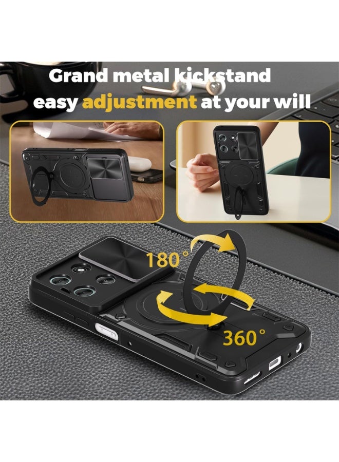 Magnetic Ring Stand Case for Motorola Moto G56 with , Built-in Slide Camera Lens-Full Body Heavy Duty Cover for Moto G56 -Black - Image 4