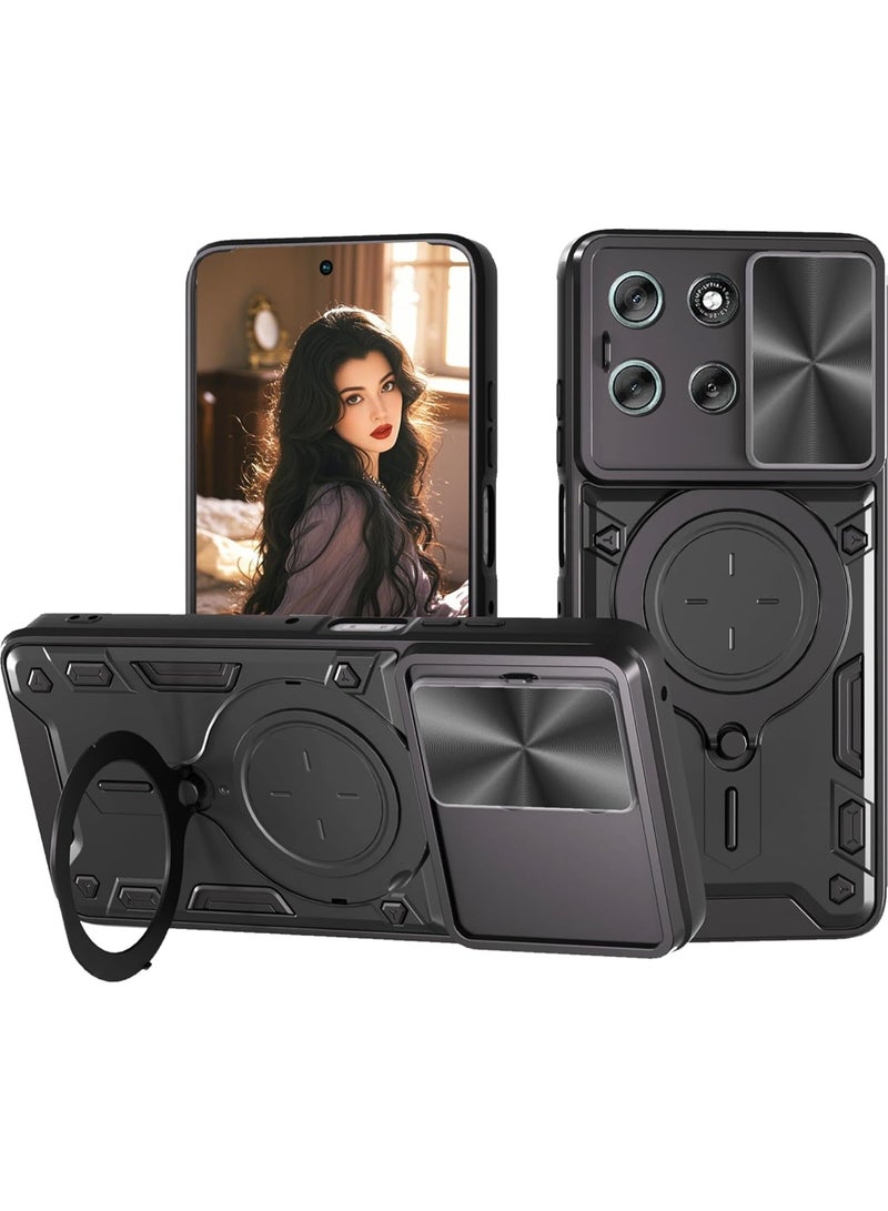 Magnetic Ring Stand Case for Motorola Moto G56 with , Built-in Slide Camera Lens-Full Body Heavy Duty Cover for Moto G56 -Black - Image 1