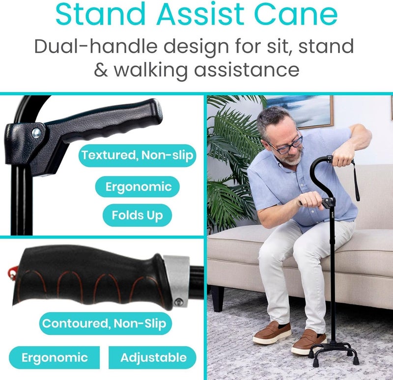 Vive Quad Canes  4 Prong Folding Cane with Extra Handle for Men Women  Seniors  Walking Sticks Adjustable  Lightweight  Upright Offset Aid for Balance Support for Elderly Handicap  Disabled - Image 2