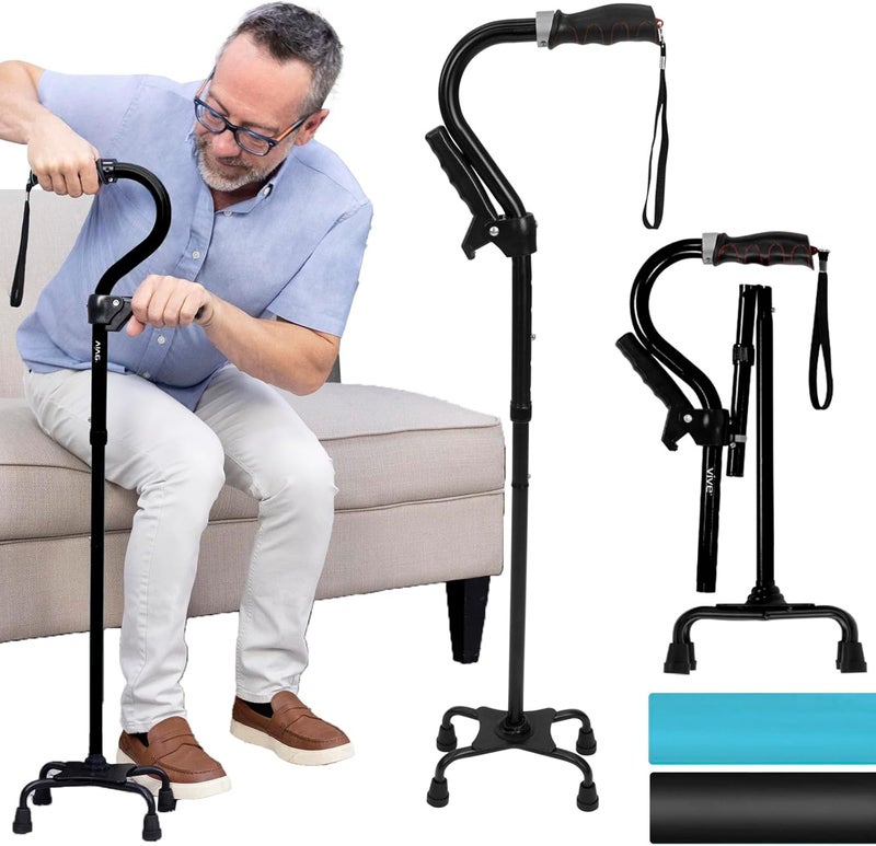 Vive Quad Canes  4 Prong Folding Cane with Extra Handle for Men Women  Seniors  Walking Sticks Adjustable  Lightweight  Upright Offset Aid for Balance Support for Elderly Handicap  Disabled - Image 1