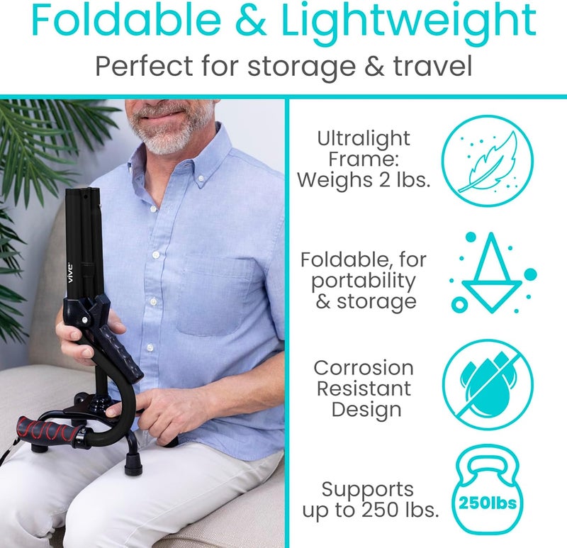 Vive Quad Canes  4 Prong Folding Cane with Extra Handle for Men Women  Seniors  Walking Sticks Adjustable  Lightweight  Upright Offset Aid for Balance Support for Elderly Handicap  Disabled - Image 5