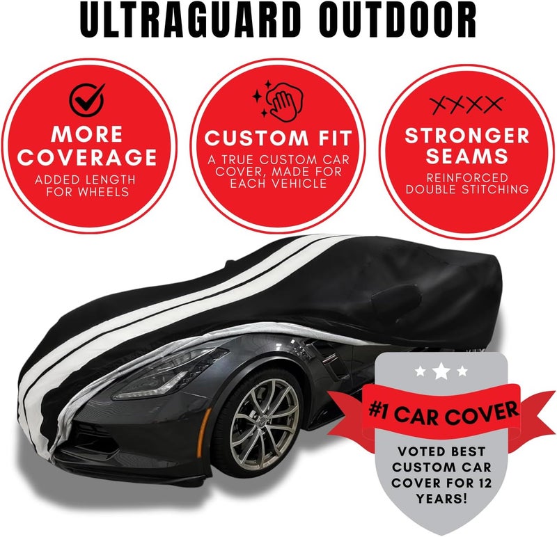 SR1 Performance Ultraguard Plus Car Cover for 2008-2023 Dodge Challenger - Water Resistant, Custom Fit, Black with Red Stripes - Image 3