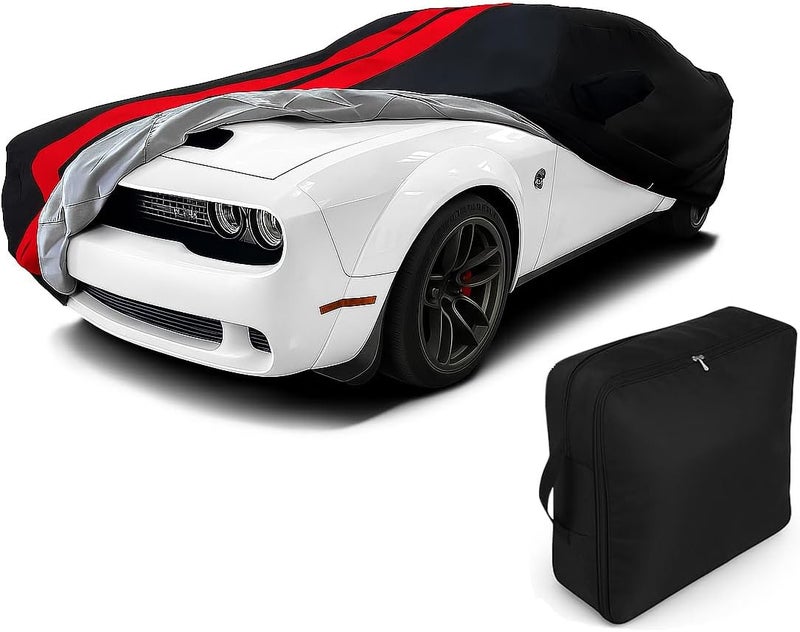 SR1 Performance Ultraguard Plus Car Cover for 2008-2023 Dodge Challenger - Water Resistant, Custom Fit, Black with Red Stripes - Image 1