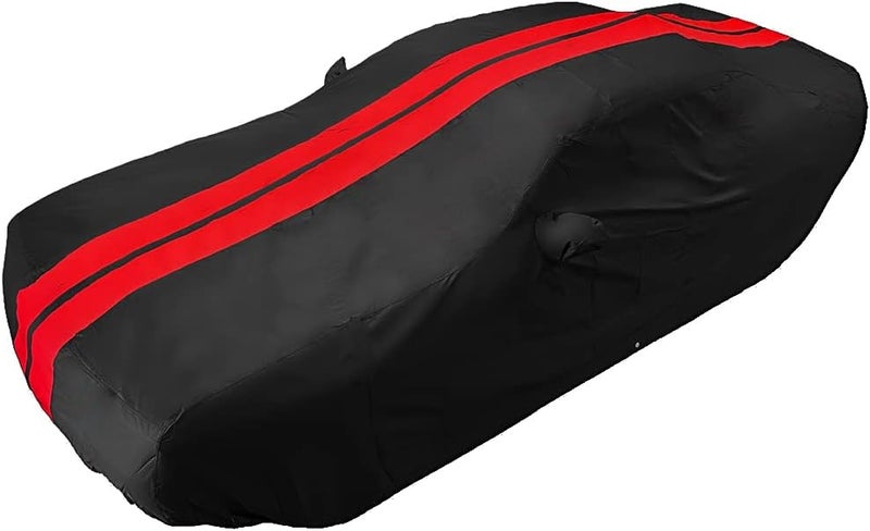SR1 Performance Ultraguard Plus Car Cover for 2008-2023 Dodge Challenger - Water Resistant, Custom Fit, Black with Red Stripes - Image 4