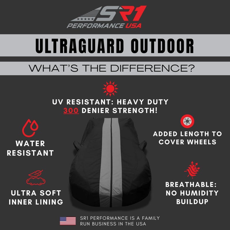 SR1 Performance Ultraguard Plus Car Cover for 2008-2023 Dodge Challenger - Water Resistant, Custom Fit, Black with Red Stripes - Image 2