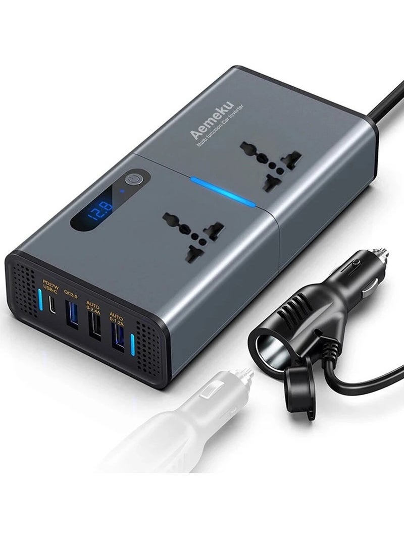 Generic 200W Car Power Inverter DC 12V To 110V AC Converter With PD 30W USB-C QC3.0 Dual USB Ports Dual AC Outlets For Laptop Car Plug Adapter Car Power Inverter Car Charger Fast Charger LED Display  - Image 1