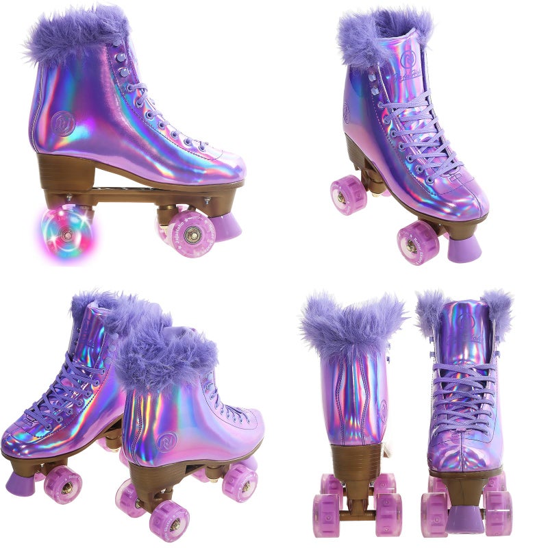 JajaHoho Roller Skates for Women, Holographic High Top Classic Rollerskates, Shiny Double-Row Purple Four Wheels Quad Skates for Girls Indoor & Outdoor (Lilac, Size 7) - Image 3
