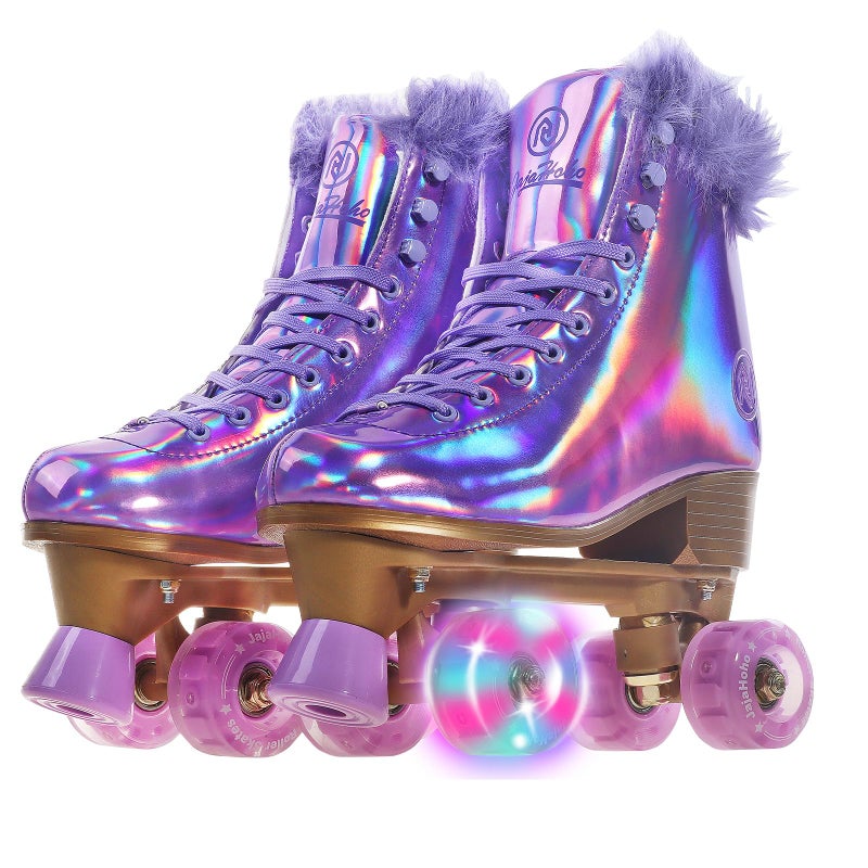 JajaHoho Roller Skates for Women, Holographic High Top Classic Rollerskates, Shiny Double-Row Purple Four Wheels Quad Skates for Girls Indoor & Outdoor (Lilac, Size 7) - Image 1