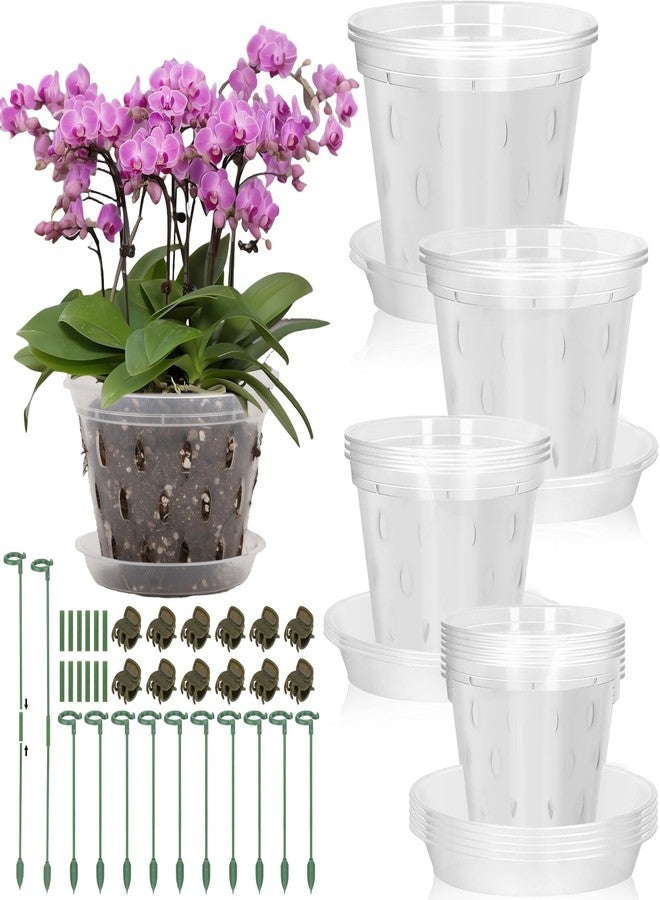 Jollidecor 12 Orchid Pots with Holes and Saucers for Repotting, 4" 5" 5.6" 6" Clear Orchid Pot with Green Orchid Stick Clip, Breathable Slotted Plastic Orchid Planter with Drainage for Root Health Indoor Outdoor - Image 1