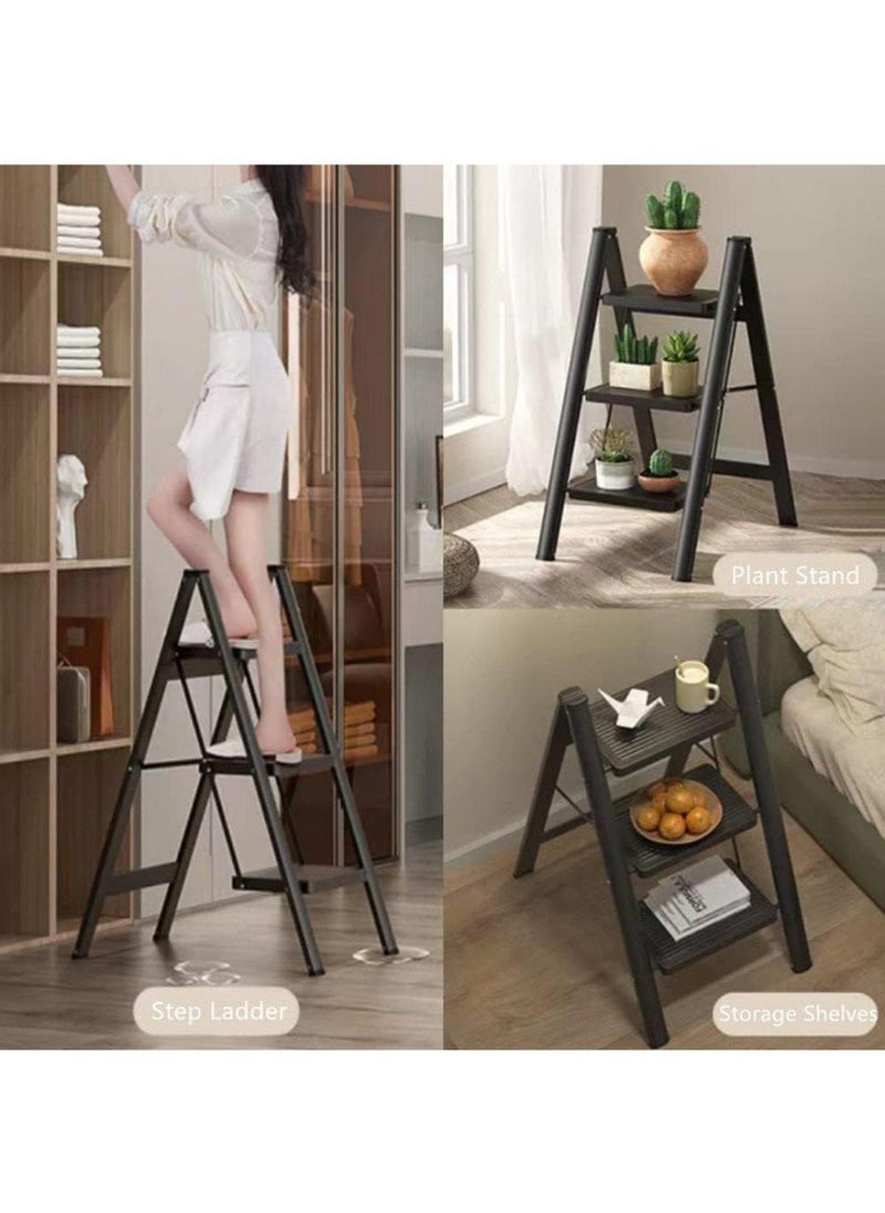 3-Step Folding Ladder – Ultra-Slim 5cm Folded – Compact & Space-Saving for Home Use  w