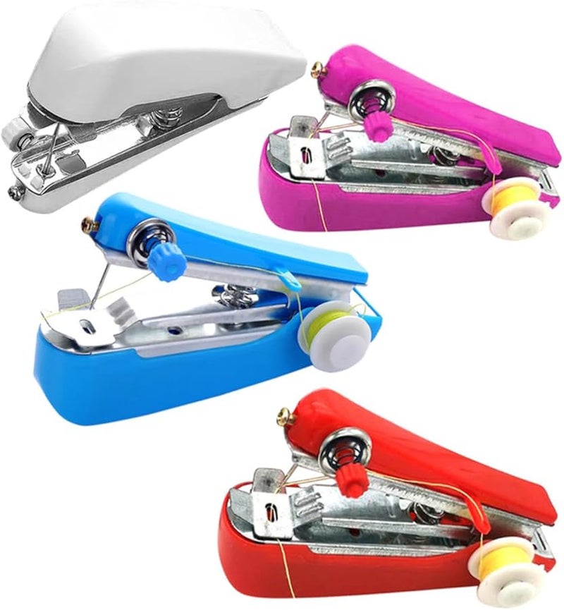 4 قطع مجموعة ماكينة خياطة محمولة صغيرة للاستخدام أثناء السفر وإصلاحات المنزل باللون الأزرق والأبيض والأحمر والوردي - Image 1
