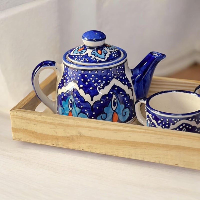 BACKKSPACE RETAIL Hand Painted Ceramic Tea Pot Set 2 Cups 160ml Kettle 450ml and Wooden Tray Elegant Golden Eye Pattern Perfect for Tea Lovers Microwave Dishwasher Safe Ideal Gift Set - Image 2