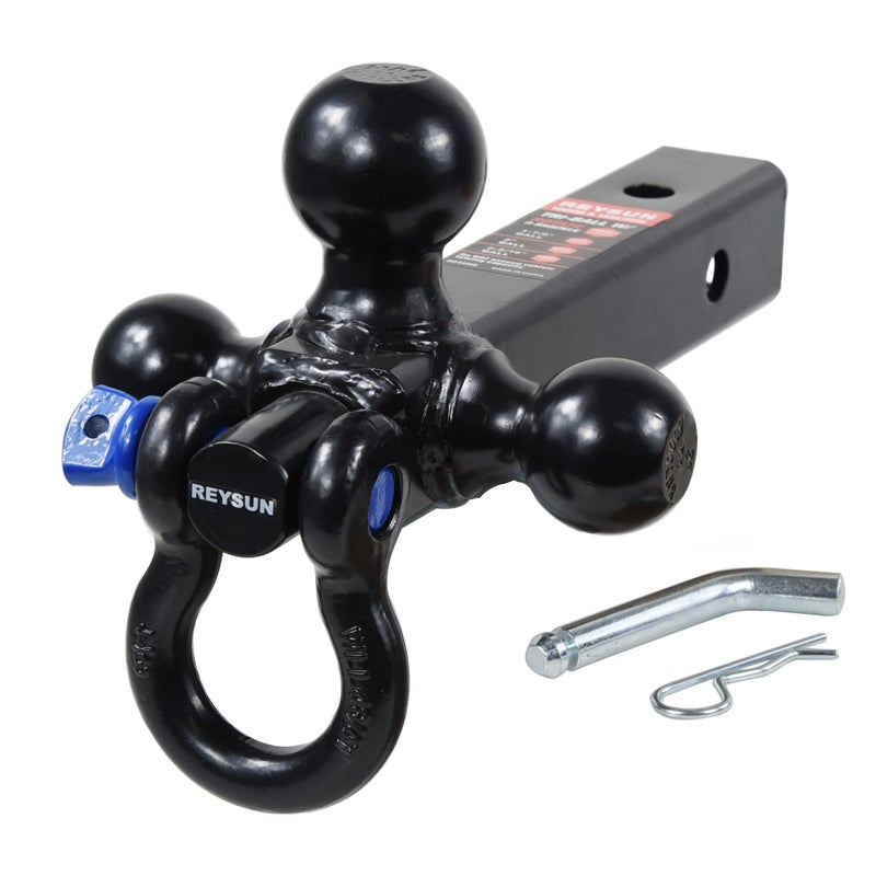 REYSUN 864058HP Trailer Hitch Tri Ball Mount and 360 Swival Tow Shackle Fits for 2 Inch Receiver Hitch Pin Included