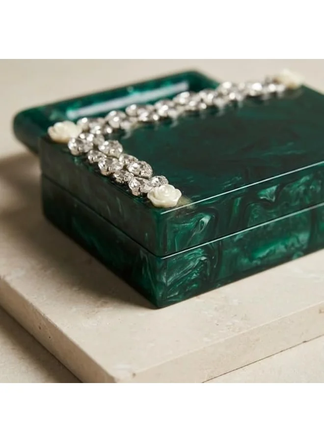 Mobcos green Women's Premium Acrylic Evening Clutch Bag | Luxury Resin Box Purse with Crystal Floral Embellishment, Detachable Chain Strap | Elegant Wedding, Party, Cocktail, Bridal & Formal Handbag | Green for Women | Best Price UAE