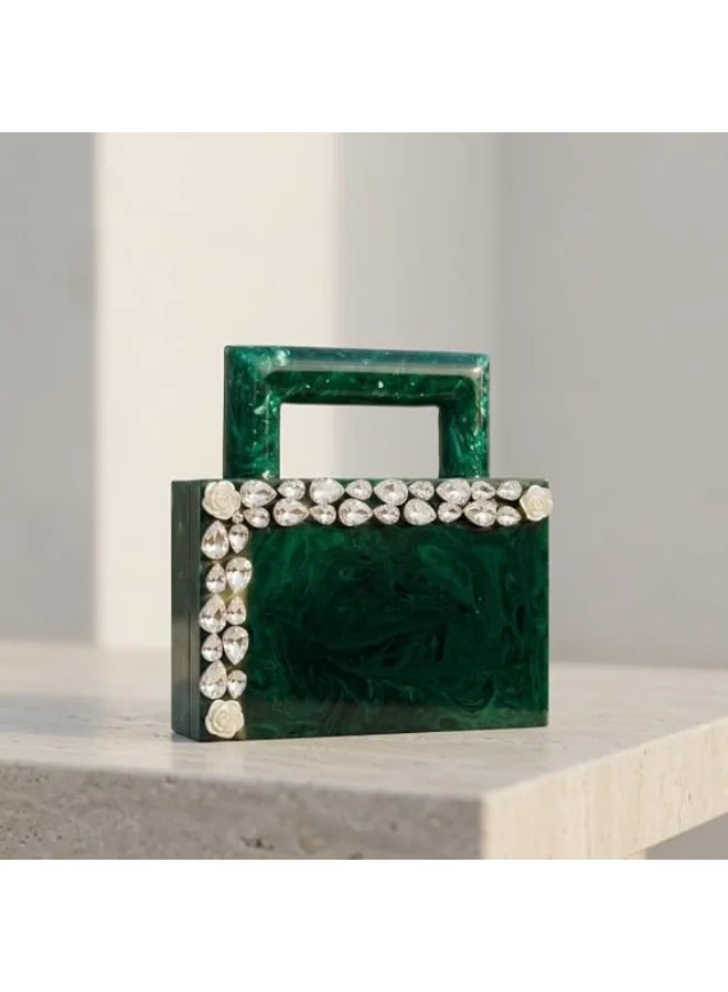Mobcos Women's Premium Acrylic Evening Clutch Bag | Luxury Resin Box Purse with Crystal Floral Embellishment, Detachable Chain Strap | Elegant Wedding, Party, Cocktail, Bridal & Formal Handbag | Green