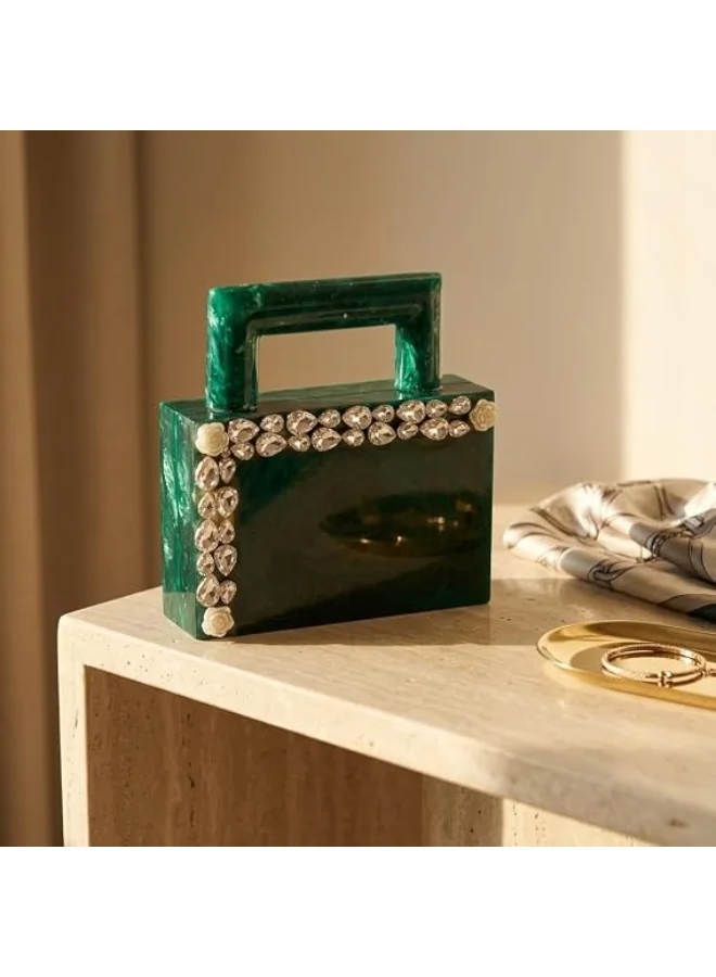 Mobcos green Women's Premium Acrylic Evening Clutch Bag | Luxury Resin Box Purse with Crystal Floral Embellishment, Detachable Chain Strap | Elegant Wedding, Party, Cocktail, Bridal & Formal Handbag | Green for Women | Best Price UAE