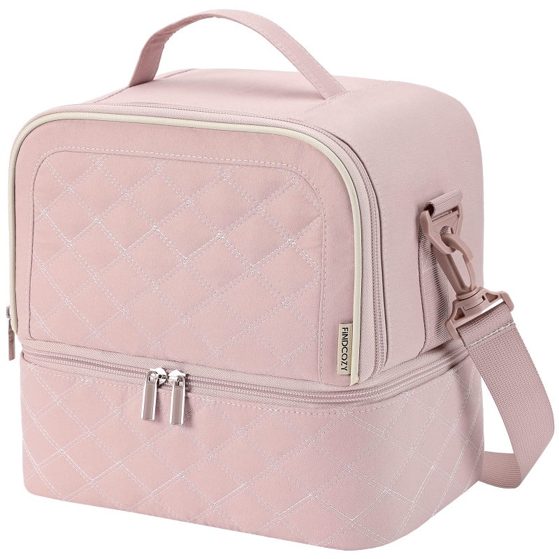 FINDCOZY Women Lunch Bag, Double Deck Reusable Insulated Lunch Box for Work, Pink - Image 1