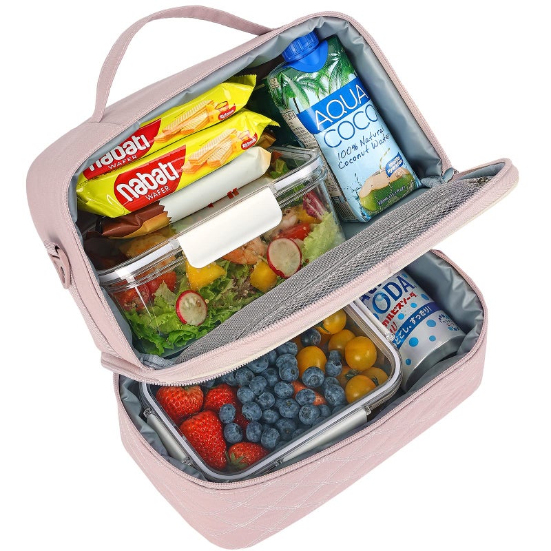 FINDCOZY Women Lunch Bag, Double Deck Reusable Insulated Lunch Box for Work, Pink - Image 2