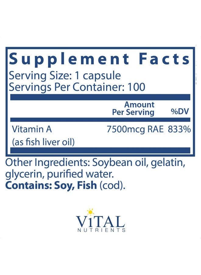 Vital Nutrients Vitamin A (From Fish Liver Oil) Supports Immune Function And Vision 100 Softgels Per Bottle 7500 Mcg Rae - Image 3