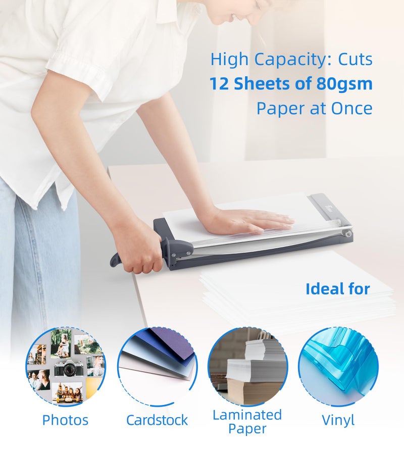 Firbon 12" Guillotine Paper Cutter with Hidden Ruler, Compact Heavy Duty 12-Sheet Capacity Trimmer for Cardstock, Photos, Scrapbooking, Office, Classroom, Studio (Gray) - Image 4