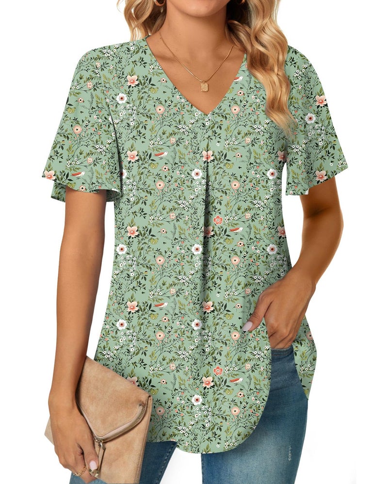 Anyally Women's Summer Casual T-Shirts V Neck Ruffle Short Sleeve Tunic Tops for Leggings Loose Chiffon Blouses, 2XL Green Sparrow - Image 2