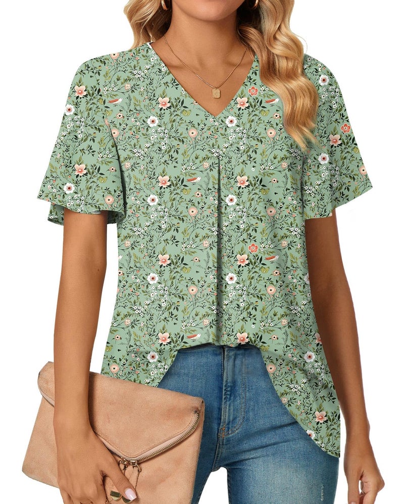 Anyally Women's Summer Casual T-Shirts V Neck Ruffle Short Sleeve Tunic Tops for Leggings Loose Chiffon Blouses, 2XL Green Sparrow - Image 1