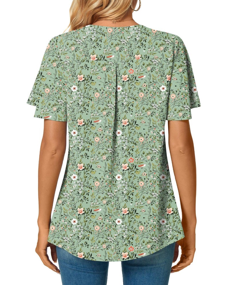 Anyally Women's Summer Casual T-Shirts V Neck Ruffle Short Sleeve Tunic Tops for Leggings Loose Chiffon Blouses, 2XL Green Sparrow - Image 4