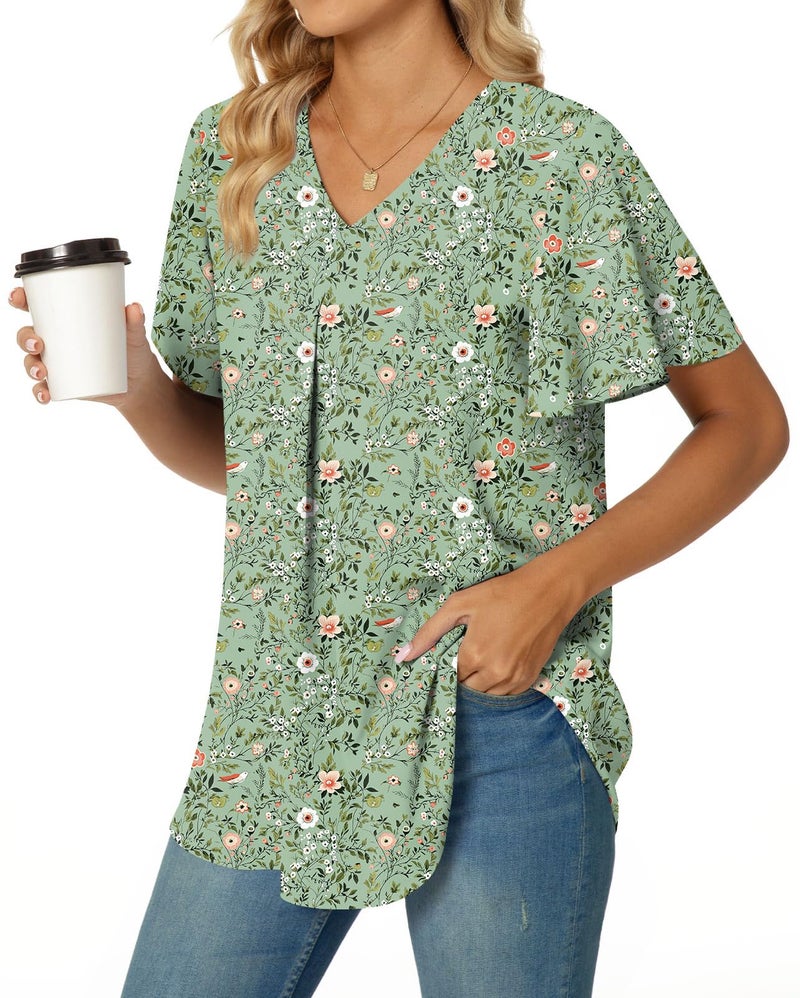 Anyally Women's Summer Casual T-Shirts V Neck Ruffle Short Sleeve Tunic Tops for Leggings Loose Chiffon Blouses, 2XL Green Sparrow - Image 3