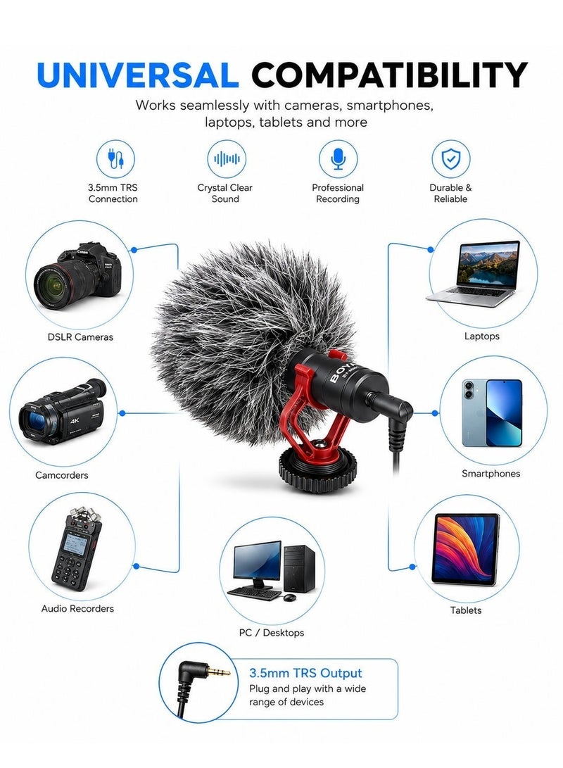 BOYA BY-MM1 Cardioid Condenser Microphone, Wired Mic for Smartphones, DSLR Cameras, Laptops & Audio Recorders, 3.5mm TRS/TRRS, Furry Windshield - Image 3