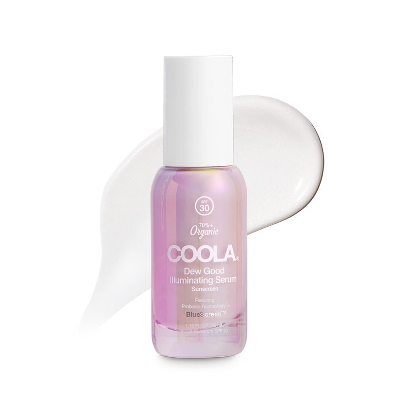 COOLA Organic Dew Good Illuminating Probiotic Serum with SPF 30 Dermatologist Tested Sunscreen with PlantDerived BlueScreen Digital DeStress Technology 115 Fl Oz