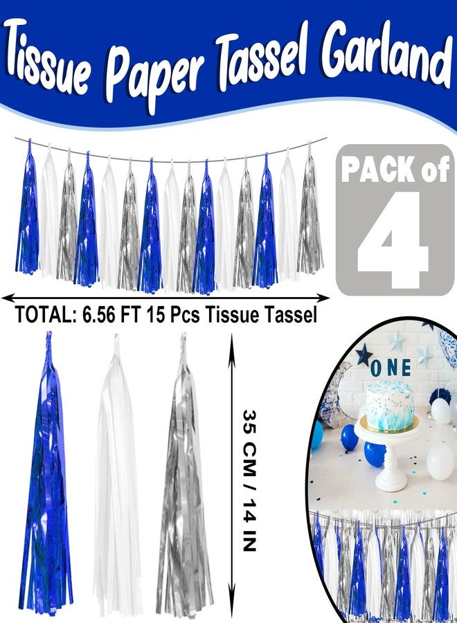 Hysilla 4P Navy-Blue White-Silver Foil Fringe Metallic Tassel Garland Banner, Tassels Banner Streamers for Parade Floats, Bachelorette, Wedding, Birthday, Halloween, Bridal/Baby Shower Party Decorations - Image 2