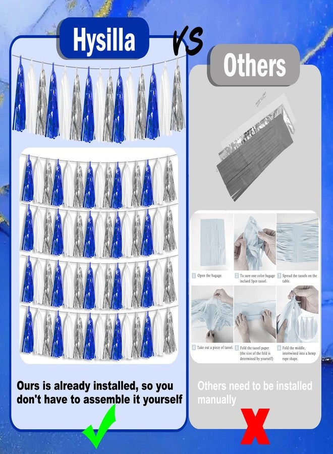 Hysilla 4P Navy-Blue White-Silver Foil Fringe Metallic Tassel Garland Banner, Tassels Banner Streamers for Parade Floats, Bachelorette, Wedding, Birthday, Halloween, Bridal/Baby Shower Party Decorations - Image 3