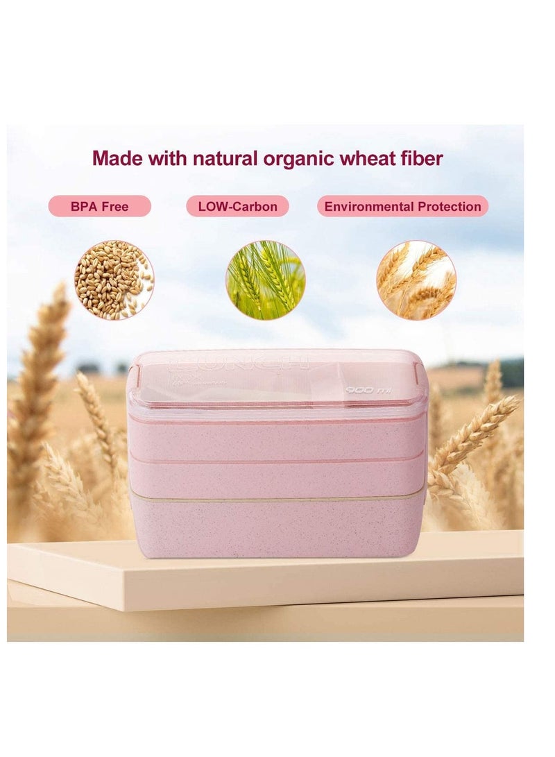 XiuWoo 3-In-1 Meal Prep Container, 900ML Japanese Lunch Box with Compartment, Wheat Straw, Leak-proof, Spoon and Fork, BPA-free  - Image 3