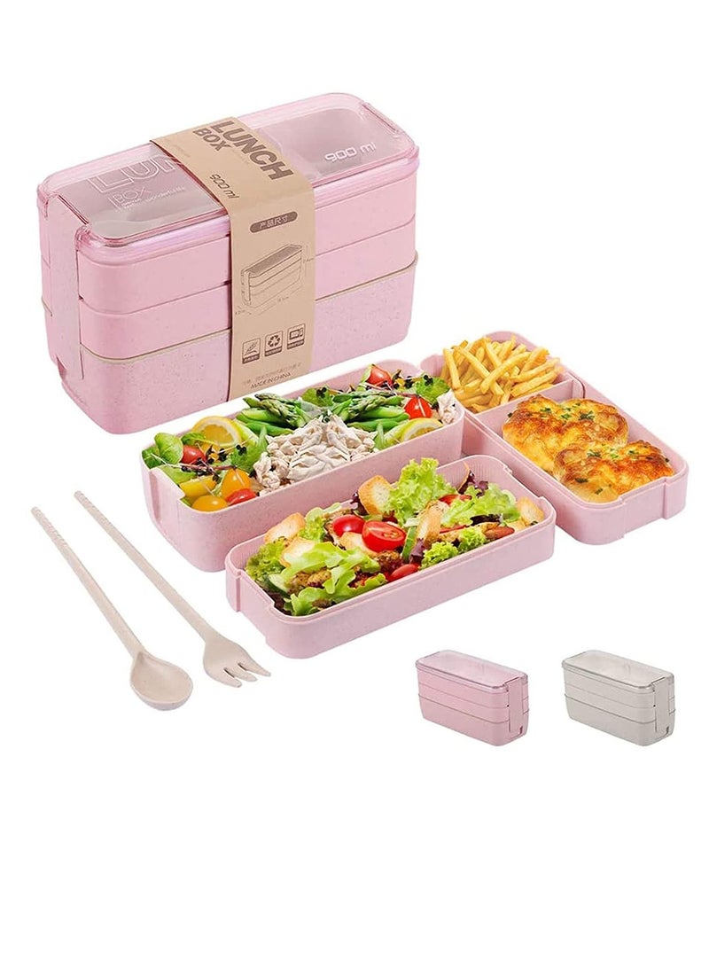 XiuWoo 3-In-1 Meal Prep Container, 900ML Japanese Lunch Box with Compartment, Wheat Straw, Leak-proof, Spoon and Fork, BPA-free  - Image 1