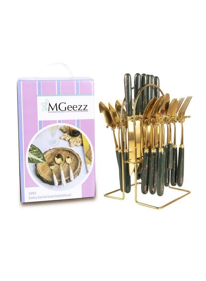 MGeezz Stainless Steel Spoons, Forks & Knives Set of 24 with Stand and Ceramic Handle (Forest Green) - Image 3