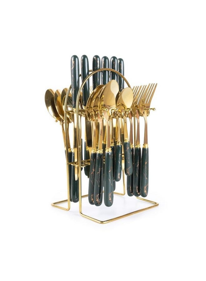 MGeezz Stainless Steel Spoons, Forks & Knives Set of 24 with Stand and Ceramic Handle (Forest Green) - Image 1